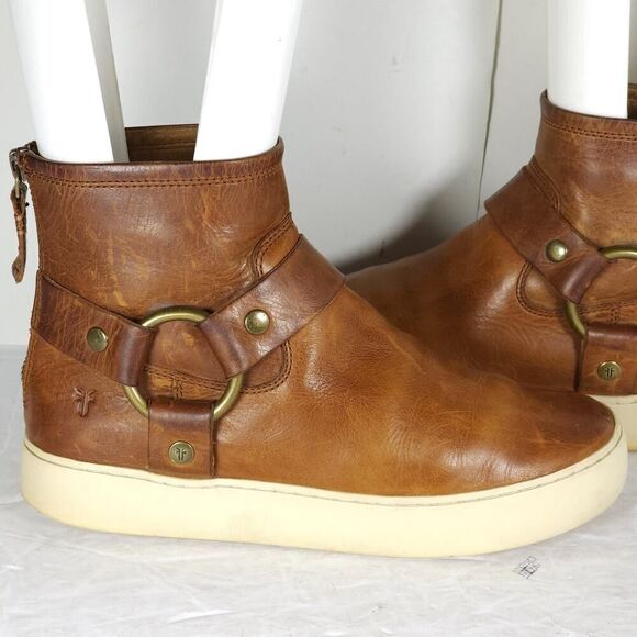 Frye Women’s Lena US6,5 Cognac Brown Leather Back Zip Harness Ankle Boots - Picture 13 of 16